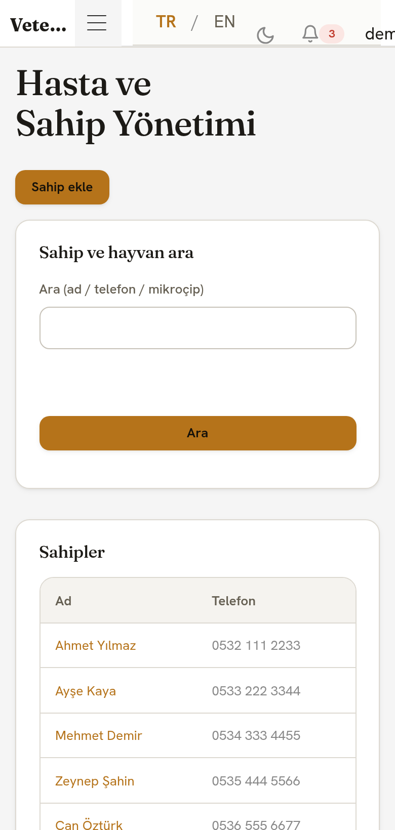 Lalin Veteriner mobil — hasta listesi